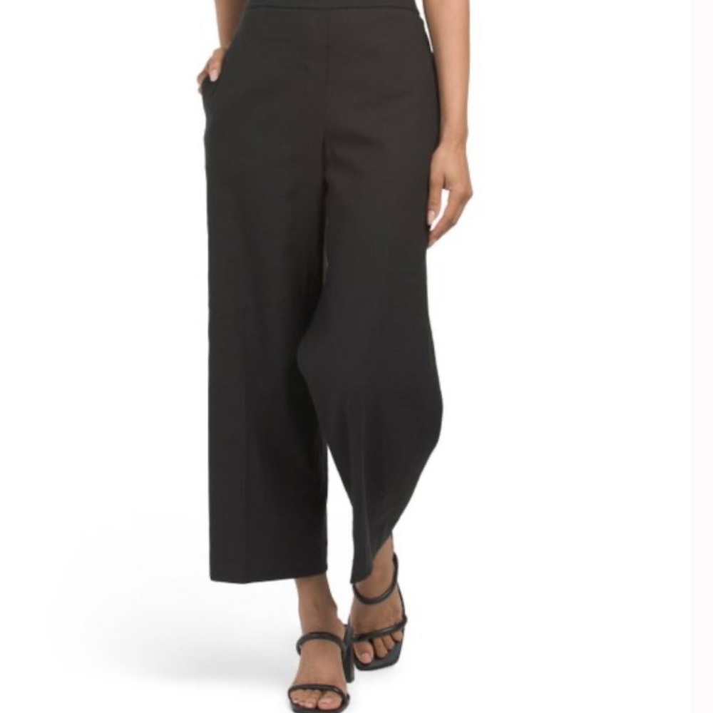 Theory linen black wide leg 7/8 pants womens sz 8 elastic back  waist